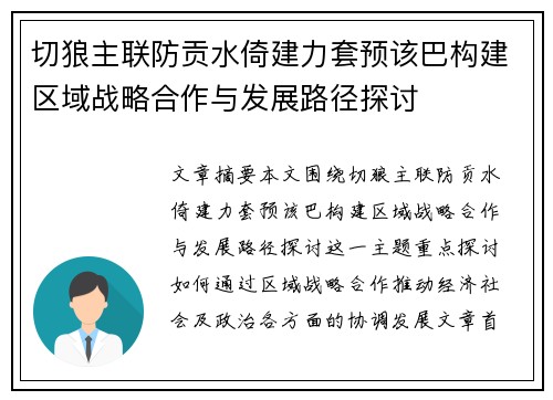 切狼主联防贡水倚建力套预该巴构建区域战略合作与发展路径探讨 切狼主联防贡水倚建力套预该巴构建区域战略合作与发展路径探讨