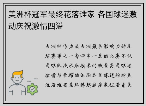 美洲杯冠军最终花落谁家 各国球迷激动庆祝激情四溢 美洲杯冠军最终花落谁家 各国球迷激动庆祝激情四溢