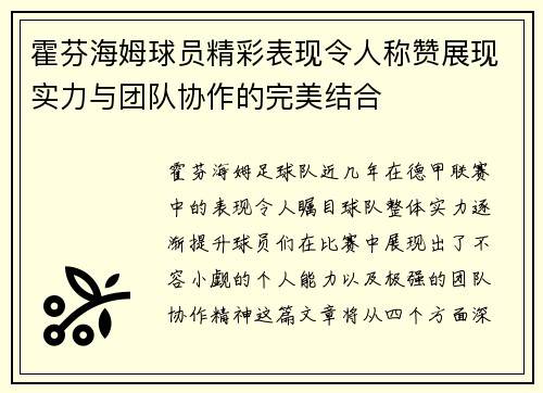 霍芬海姆球员精彩表现令人称赞展现实力与团队协作的完美结合 霍芬海姆球员精彩表现令人称赞展现实力与团队协作的完美结合