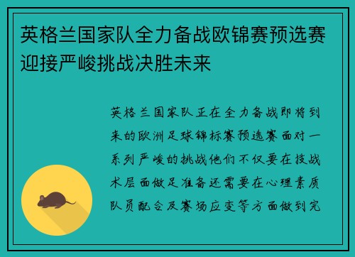 英格兰国家队全力备战欧锦赛预选赛迎接严峻挑战决胜未来 英格兰国家队全力备战欧锦赛预选赛迎接严峻挑战决胜未来