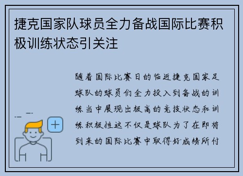 捷克国家队球员全力备战国际比赛积极训练状态引关注 捷克国家队球员全力备战国际比赛积极训练状态引关注