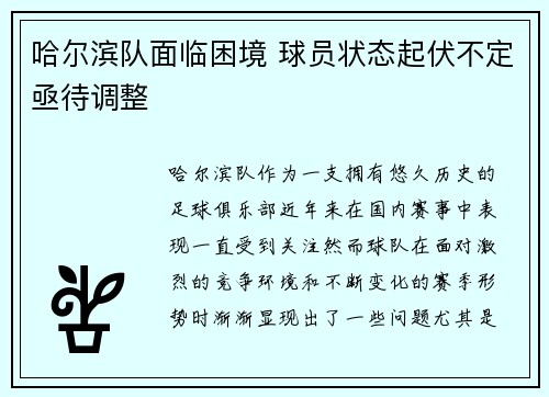 哈尔滨队面临困境 球员状态起伏不定亟待调整 哈尔滨队面临困境 球员状态起伏不定亟待调整